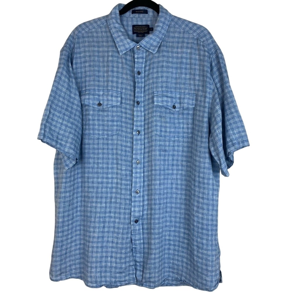 Pendleton Malone Linen Plaid Button Down Shirt Blue Men's XL